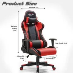 A high-quality gaming chair with ergonomic support. This image shows the product dimensions, including backrest height and seat depth, to help you see if it's the right fit.