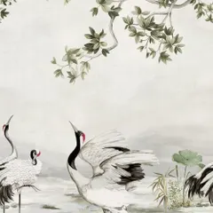 A close-up of the exquisite artistry in our Daisy Bennett collection. The graceful forms of cranes and the gentle rendering of foliage showcase the modern refinement and serene elegance of our hand-painted designs.