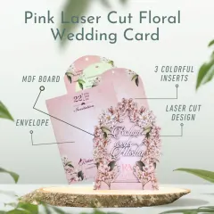 A pink laser-cut floral wedding card that is both romantic and modern. The design includes an MDF board, three colorful inserts, and a beautifully detailed laser-cut floral arch.