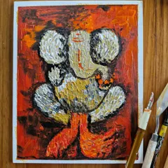 A textured painting of Lord Ganesha created using a nib and palette knife with acrylics. This technique allows for a unique, almost sculptural feel, making it a vibrant addition to a home altar or as a spiritual gift.