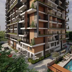 This rendering illustrates how a pool can be integrated into a high-rise residential project. The design places the pool as a central recreational hub, surrounded by a wooden deck for sunbathing and lush trees for privacy and shade, offering residents a luxury lifestyle amenity.