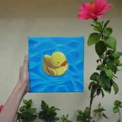 My little ducky painting enjoying some time in my mom's garden. This acrylic on canvas piece is a cheerful and cute addition to any art collection.