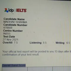 Another one of our high achievers, Madhav, secured an impressive overall score of 7.5, with a remarkable 8.5 in the Listening module. Our focused training and mock tests are designed to help you excel in every section of the IELTS exam.