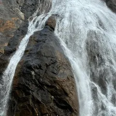 A tiny raft of our adventurers dwarfed by the immense power and scale of Dudhsagar falls. This shot truly captures the awe-inspiring size of this famous waterfall.
