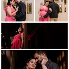 This four-photo collage tells a story of love and intimacy from a single maternity session. It combines tender couple poses with a beautiful solo portrait, showcasing the variety of shots we capture.