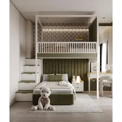 This clever kids' bedroom design features a bunk bed with a cozy lower bed and a protected upper loft. The olive green upholstered headboard and integrated stairs with storage make it both stylish and practical.