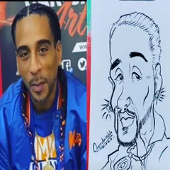 Here is a side-by-side of the photo and my caricature. I focused on capturing his cool vibe and accessories.