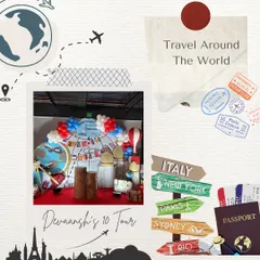 Details of the 'Travel Around The World' theme for Devaansh's 10th tour. We used passport-style invites, destination signposts, and travel-themed backdrops to carry the concept through every element of the party.