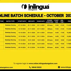 Plan your language learning for the fall with our October 2024 online batch schedule. This graphic details our course offerings, including German, French, and Spanish at various levels, with clear information on timings, duration, and fees for weekday and weekend batches.