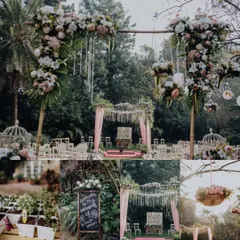 A collage of the beautiful, rustic decor from Nirali and Nitin's garden wedding, featuring floral arrangements, hanging birdcages, and a charming welcome sign.