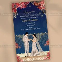 Say ‘yes’ to the perfect start. This stunning engagement e-invite features a custom illustration of the ring ceremony under a starry night sky, framed by bougainvillea and elegant architecture.