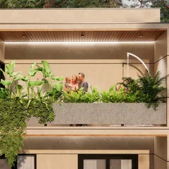 A close-up of a concept render, showing how we visualize the human experience within our designs, ensuring balconies and terraces are functional and inviting spaces for the family.
