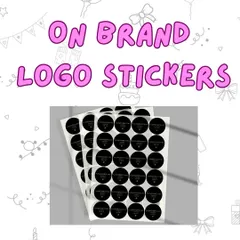 Sheets of custom-printed black circular logo stickers, ready to be used for branding packages and products.