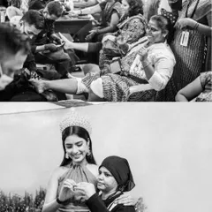 These black and white images from the Women's Day event at Tata Memorial Hospital focus on moments of connection and care. The top shows women enjoying pampering sessions, while the bottom captures a tender interaction with Miss India World Nikita Porwal.