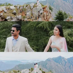 A collage showcasing a couple's mountain pre-wedding shoot, combining wide-angle shots on a cliff with close-ups that capture their candid interactions and love.