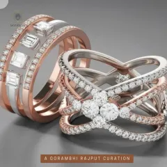 This image showcases the artistry possible with redesign. On the left, a bold band with channel-set baguette diamonds in rose and white gold. On the right, an intricate crossover design with brilliant-cut diamonds. Both were created to reflect unique personal styles.