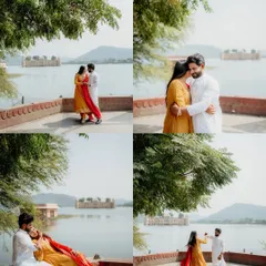 This collage showcases the stunning scenery of Udaipur's lakes and palaces. It captures a variety of moments, from dancing and laughing to quiet embraces, all with the breathtaking Jal Mahal in the background. A perfect summary of a destination shoot.