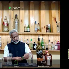 This is my point of view during a live Zoom masterclass. I'm focused on demonstrating the proper technique for muddling mint for a mojito.