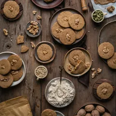 A flatlay of wholesome jowar walnut cookies, showcasing the raw ingredients and the delicious final product. I love creating these detailed, textured scenes that tell the story of a food product from scratch, making it feel both artisanal and inviting. This is a great example of food styling for healthy snack brands.