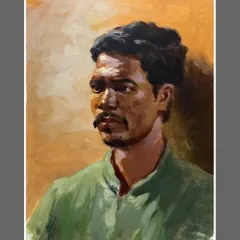 An acrylic portrait study from my sketchbook, exploring the effects of strong artificial light on the face.