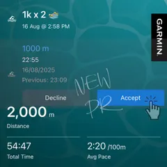 A new Personal Record in the pool. This Garmin screenshot shows a 2000m swim, a key milestone in my triathlon training. I track progress meticulously for myself and my clients.