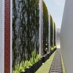 A rough design sketch for a long, narrow space. This concept features a vertical garden or "green wall" to maximize greenery in a tight area.