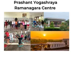 This is our Prashant Yogashraya Ramanagara Centre, a place for total immersion in yoga. The collage shows our serene practice hall, the natural surroundings, a group of dedicated students, and a glimpse into our prop-based practice.