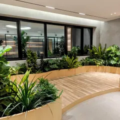 Another view of the biophilic office in Hyderabad. The curved wooden deck and integrated planters create a natural, flowing breakout area for employees to relax and recharge.
