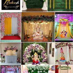 A glimpse into the variety of Ganpati home decorations I offer. From simple curtain backdrops to elaborate floral frames and green grass panels, we have a design for every budget and taste.