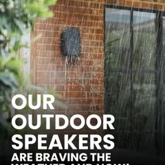 Our all-weather outdoor speakers are engineered to deliver exceptional audio, rain or shine. This shot captures a speaker braving a downpour, proving that your music doesn't have to stop when the monsoon starts.