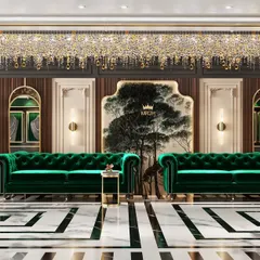 This 3D render of a high-end jewellery showroom demonstrates my expertise in commercial design. The space combines classic elements like statues and tufted sofas with modern luxury, using a rich color palette of emerald green and gold.