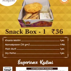 This is our Snack Box 1, a simple yet delightful combination of Khasta Matthi, Namakpaare, Plain Burfi, and Dry Petha. It's an ideal and affordable option for high teas.