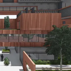 Another perspective of the competition project, highlighting the layered terraces and the interplay of volumes. These outdoor spaces are designed as extensions of the indoor learning areas, promoting a flexible and interactive educational model.