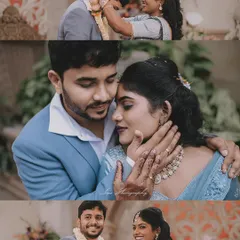 This collage tells the story of an engagement ceremony, from the exchange of garlands to the intimate couple portraits that follow. It’s a complete narrative of the event.