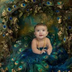 This stunning Krishna portrait was created using digital manipulation to blend the baby's photo with a backdrop of peacock feathers, creating a truly divine image.