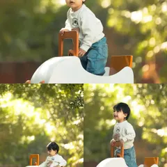 A collage showing different angles and moments from the outdoor car-themed shoot. It highlights his playful personality, from sitting contently to standing with a curious gaze.
