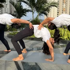 A beautiful group formation of the wheel pose (Chakrasana). Three students support each other to deepen their backbends, creating a powerful flow of energy and demonstrating wonderful teamwork.