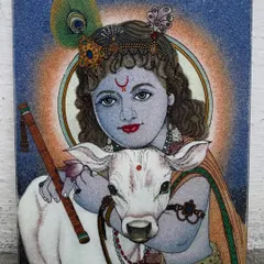 This artwork captures the pure and gentle spirit of Lord Krishna as a child, sharing a quiet moment with a calf. I focused on his compassionate expression and the texture of his divine form, using a palette of crushed stones to create a piece that radiates warmth, innocence, and a deep connection to nature.