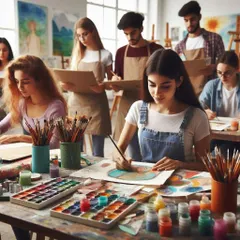Our studio is a space for focus, learning, and community. Here, students are deeply engaged in a watercolor session, receiving personalized guidance to help bring their artistic visions to life.