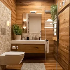 I wrapped this entire bathroom in wood-finish tiles to create a warm, cabin-like atmosphere that feels incredibly cozy and inviting.