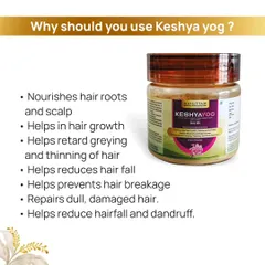 Here you can see the specific benefits of using Keshya Yog. It is formulated to nourish hair roots, help with growth, reduce hair fall and breakage, and even repair dull, damaged hair.