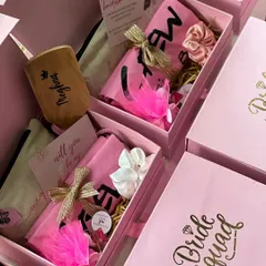 A closer look at these "Bride Squad" proposal boxes. Each one is filled with personalized goodies to pamper and delight, making it the perfect way to ask your best friends to stand by your side.