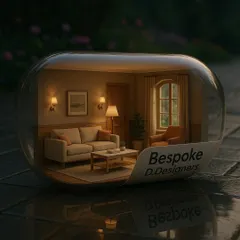 This 3D visualization captures a cozy, modern-traditional living room in a miniature capsule. The design features a neutral color palette, classic wall sconces, and comfortable furniture, showing how I balance timeless style with modern comfort.