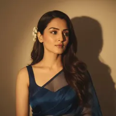 The same soft glam style, proving its versatility. It pairs beautifully with this elegant navy blue saree, creating a look that is sophisticated and chic.