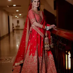 A full-length bridal portrait showcasing a stunning red lehenga with intricate gold embroidery. The bride's confident and graceful pose makes this a powerful and elegant image.