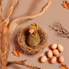 My studio is filled with creative props to bring imaginative concepts to life. This nature-inspired theme features a cozy bird's nest, earthy tones, and rustic branches for a truly unique newborn picture.