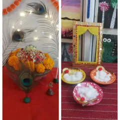 The beautiful setup for our Janmashtami workshop, complete with peacock feathers, marigolds, and handmade crafts. We believe in creating an immersive experience for the kids.