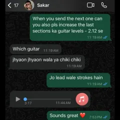 Communication with my production team is key. This chat shows how I give specific, feel-based feedback, like asking for more "jhyaon jhyaon" or "chiki chiki" guitar, to get the exact sound I envision.