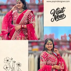 A collage showing the beautiful details of the pink doli motif bridal lehenga. From the jewelry to the fine embroidery, every element is curated for your perfect wedding day.