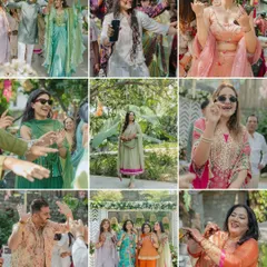 A collage of pure energy from the mehndi party. It shows the couple, friends, and family all dancing and celebrating together, capturing the true vibe of the event.